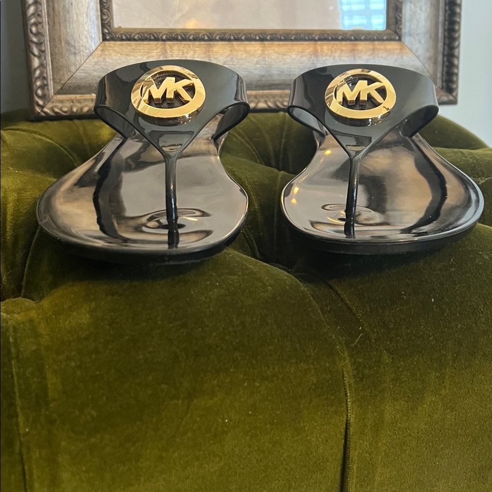 Michael Kors Black Jelly Sandals with Gold MK Emblem